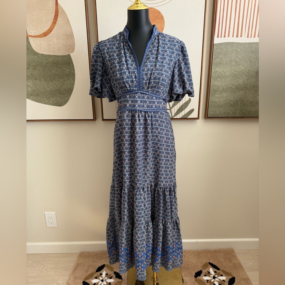 Max Studio Blue Patterned Short Sleeve Midi Dress